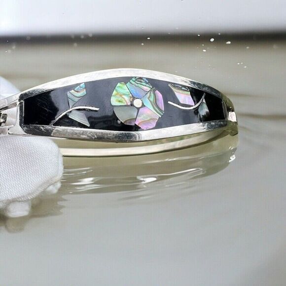 Vintage Alpaca Mexico Women's Bracelet Abalone Shell Floral‎ Silver Tone Signed - Picture 1 of 16